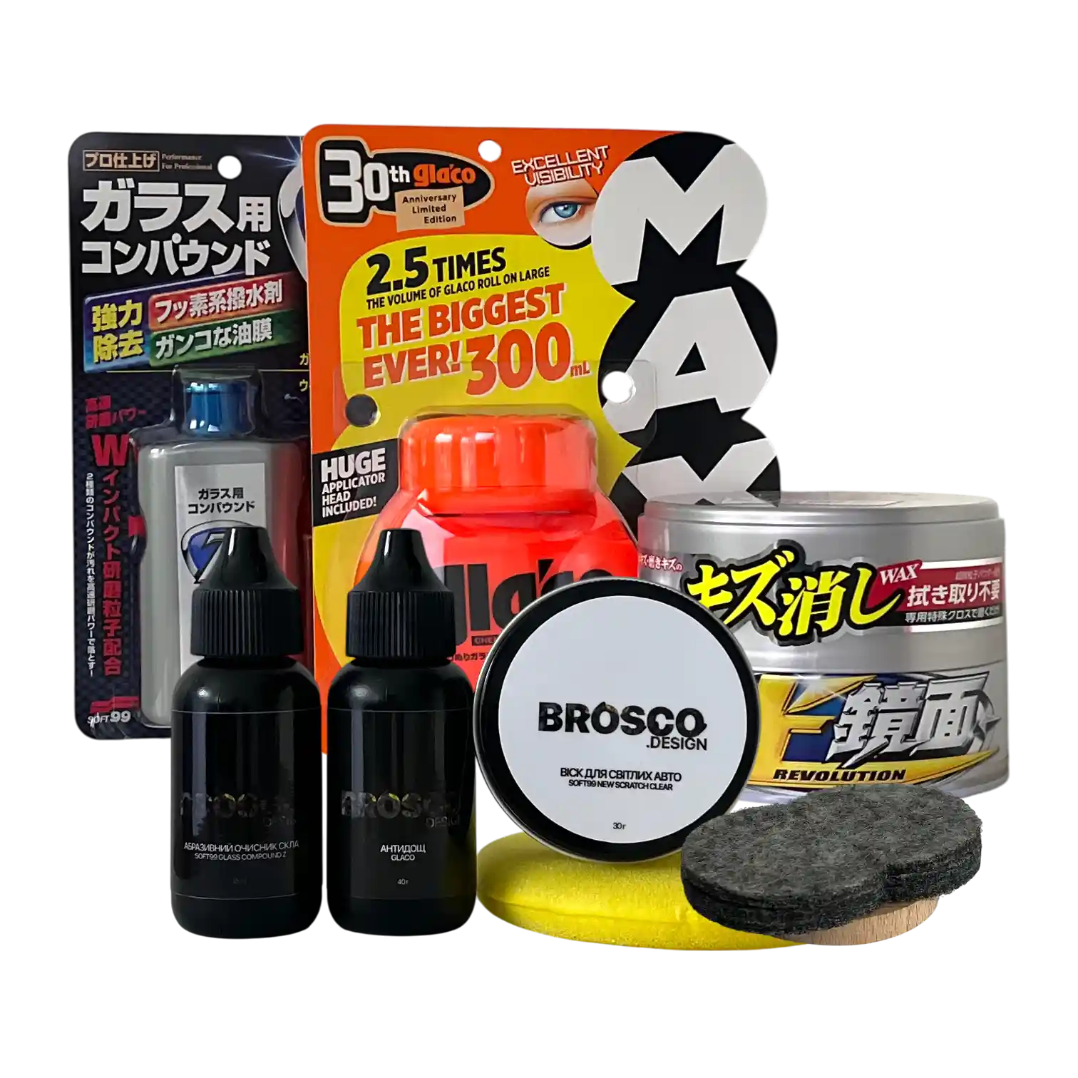 Набір для догляду за світлим авто Soft99: Віск Scratch Clear Light (30 г) + Абразивний очисник скла Glass Compound Z (15 мл) + Антидощ Glaco (30 мл)